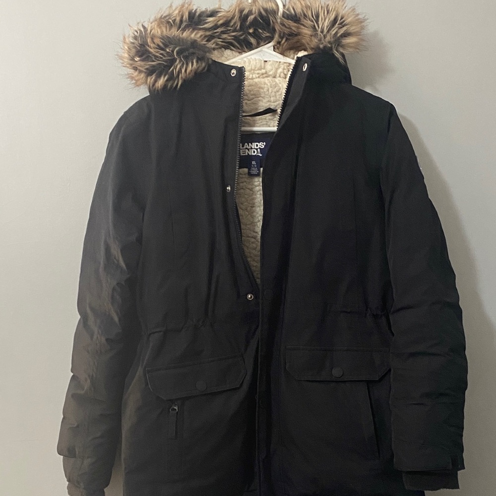 Lands' End Black Puffer Jacket with Faux Fur Hood